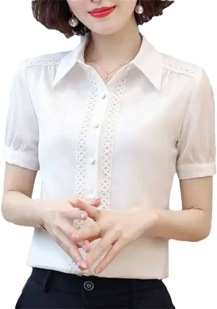 Women's Short Sleeve Turn-Down Collar Summer Button Lace Patchwork Solid Color Shirt Comfortable Chiffon Tops