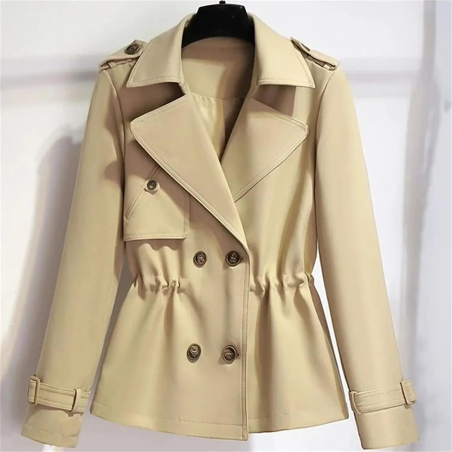 Women's Short Trench Coat – Drawstring Casual Jacket Spring Double-Breasted With Lining Office Outerwear For Ladies