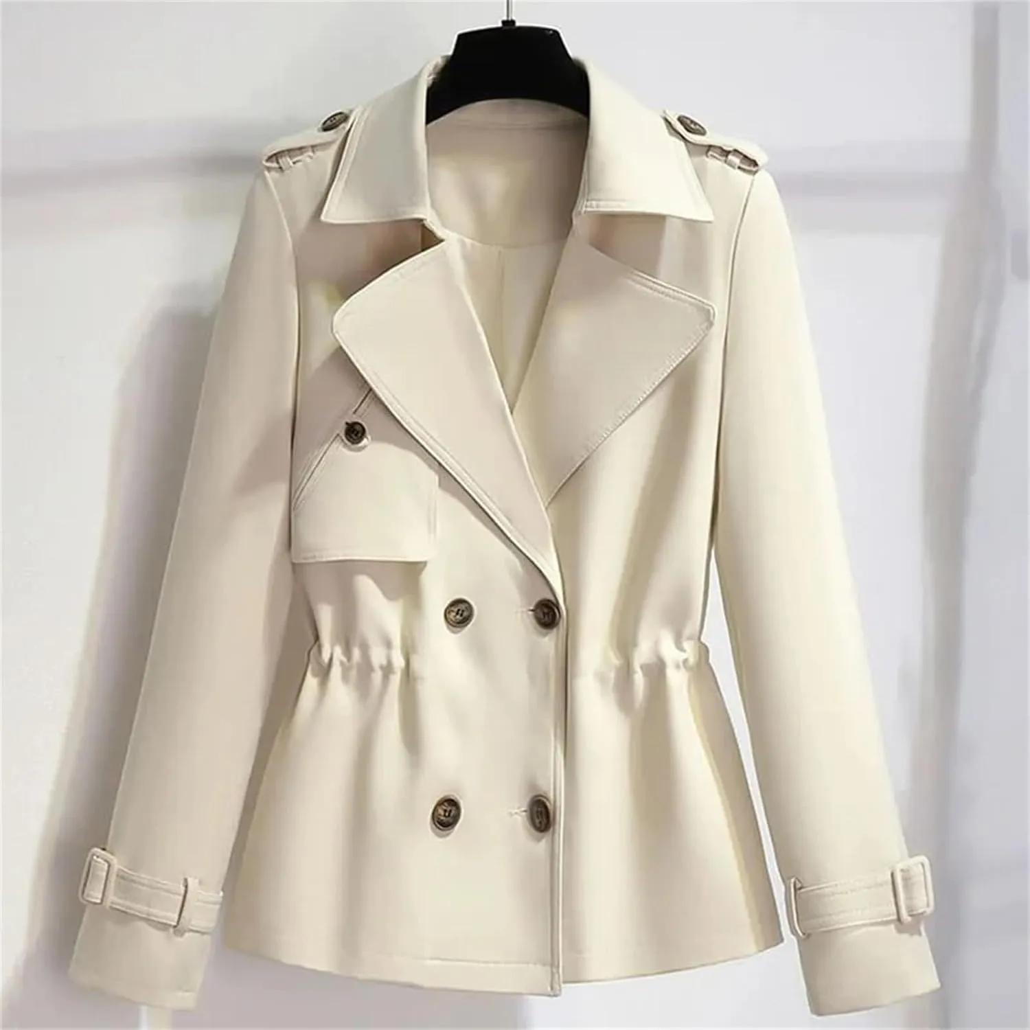 Women's Short Trench Coat – Drawstring Casual Jacket Spring Double-Breasted With Lining Office Outerwear For Ladies
