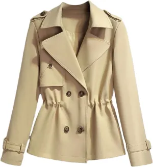 Women's Short Trench Coat – Drawstring Casual Jacket Spring Double-Breasted With Lining Office Outerwear For Ladies