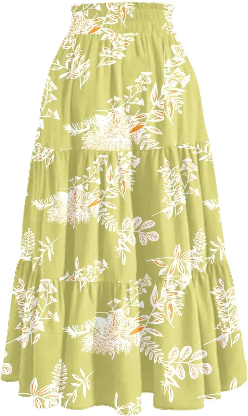 Womens Skirts with Pockets 2025 Summer Long High Elastic Waist Boho Flowy Ruffle A-Line Midi Length Floral Maxi Skirt