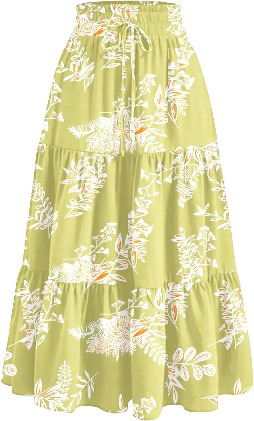 Womens Skirts with Pockets 2025 Summer Long High Elastic Waist Boho Flowy Ruffle A-Line Midi Length Floral Maxi Skirt