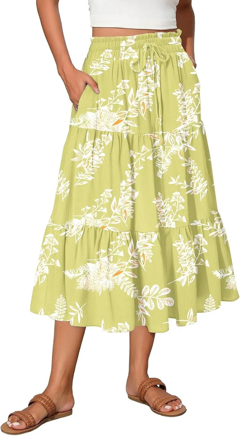 Womens Skirts with Pockets 2025 Summer Long High Elastic Waist Boho Flowy Ruffle A-Line Midi Length Floral Maxi Skirt