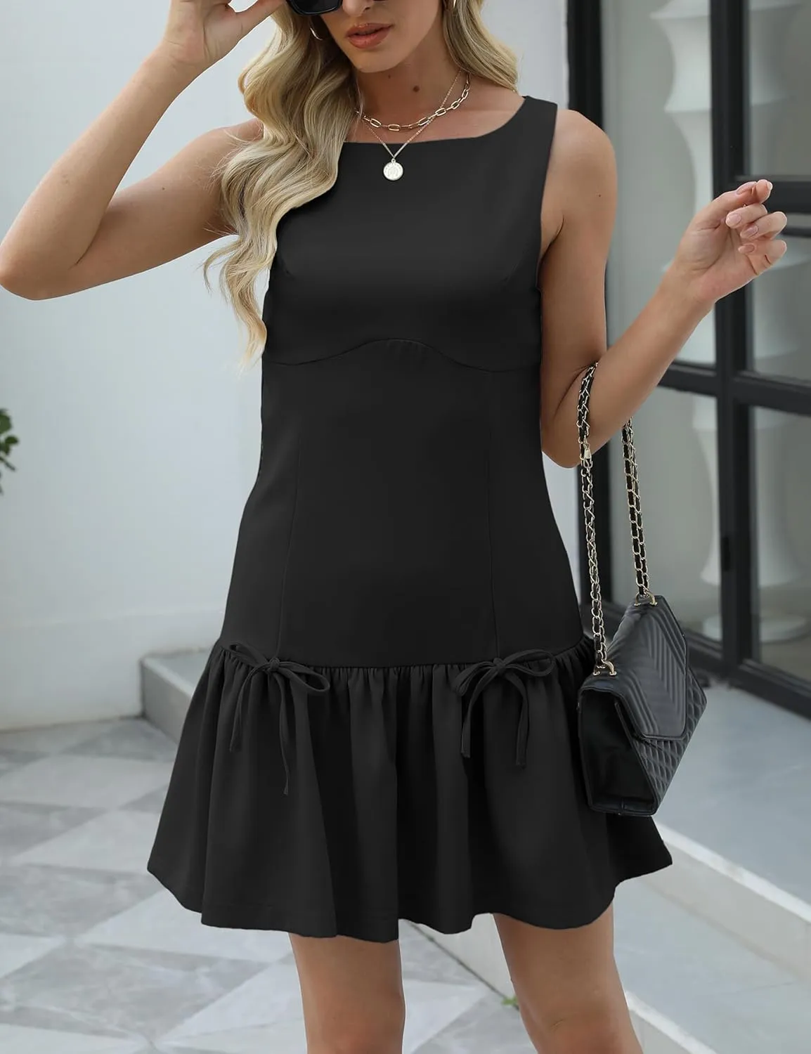 Womens Sleeveless Pleated Dress Girdling A Line Solid Color Pullover Round Neck Bow Zipper Back Mini Dress
