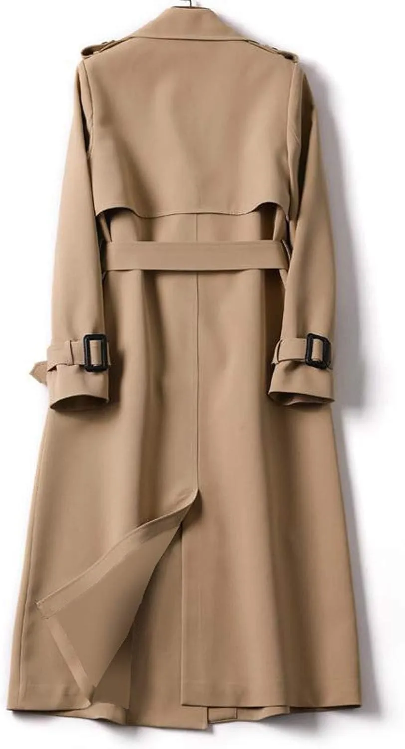 Women's Solid Windbreaker Slim Fit Trench Coat Long Jacket Outerwear with Belt Button