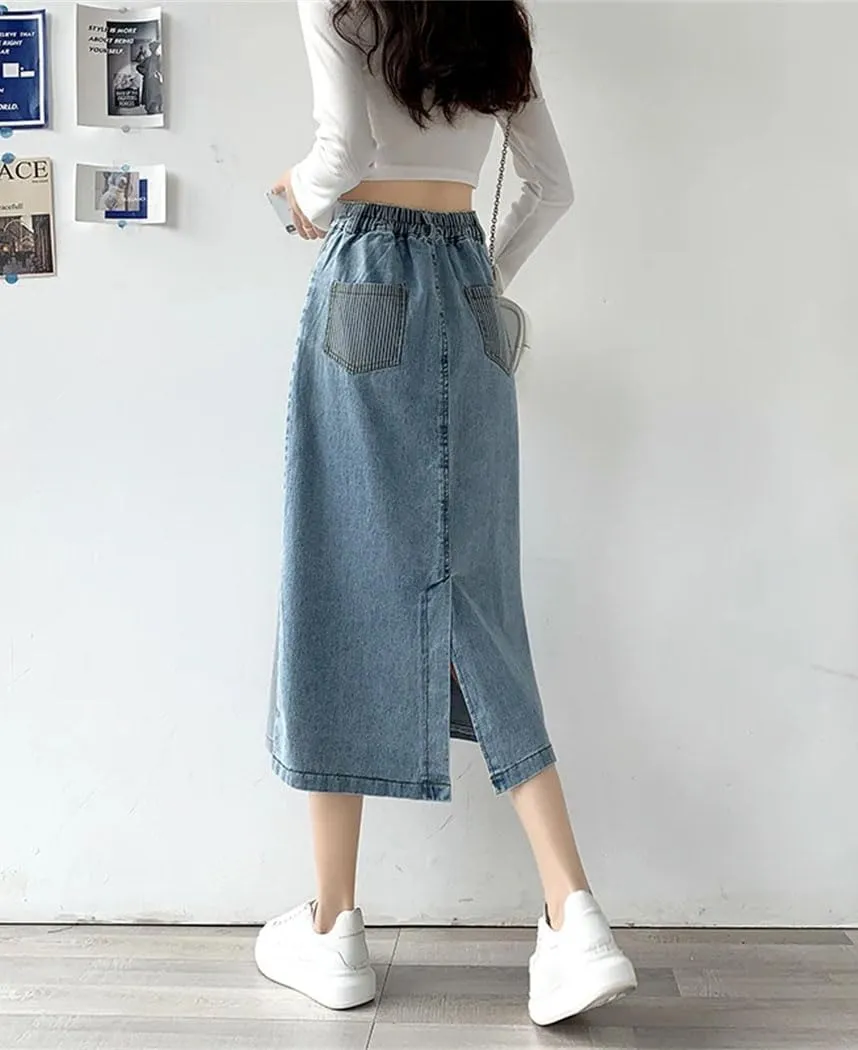 Women's Spring 2025 Denim Skirts High Elastic Waist Striped A Line Long Skirt Back Slit Streetwear Jean Skirts