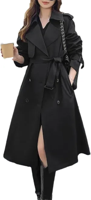 Women's Spring Solid Color Turn-Down Collar Trench Coat – Patchwork Oversized Double-Breasted Long Overcoat