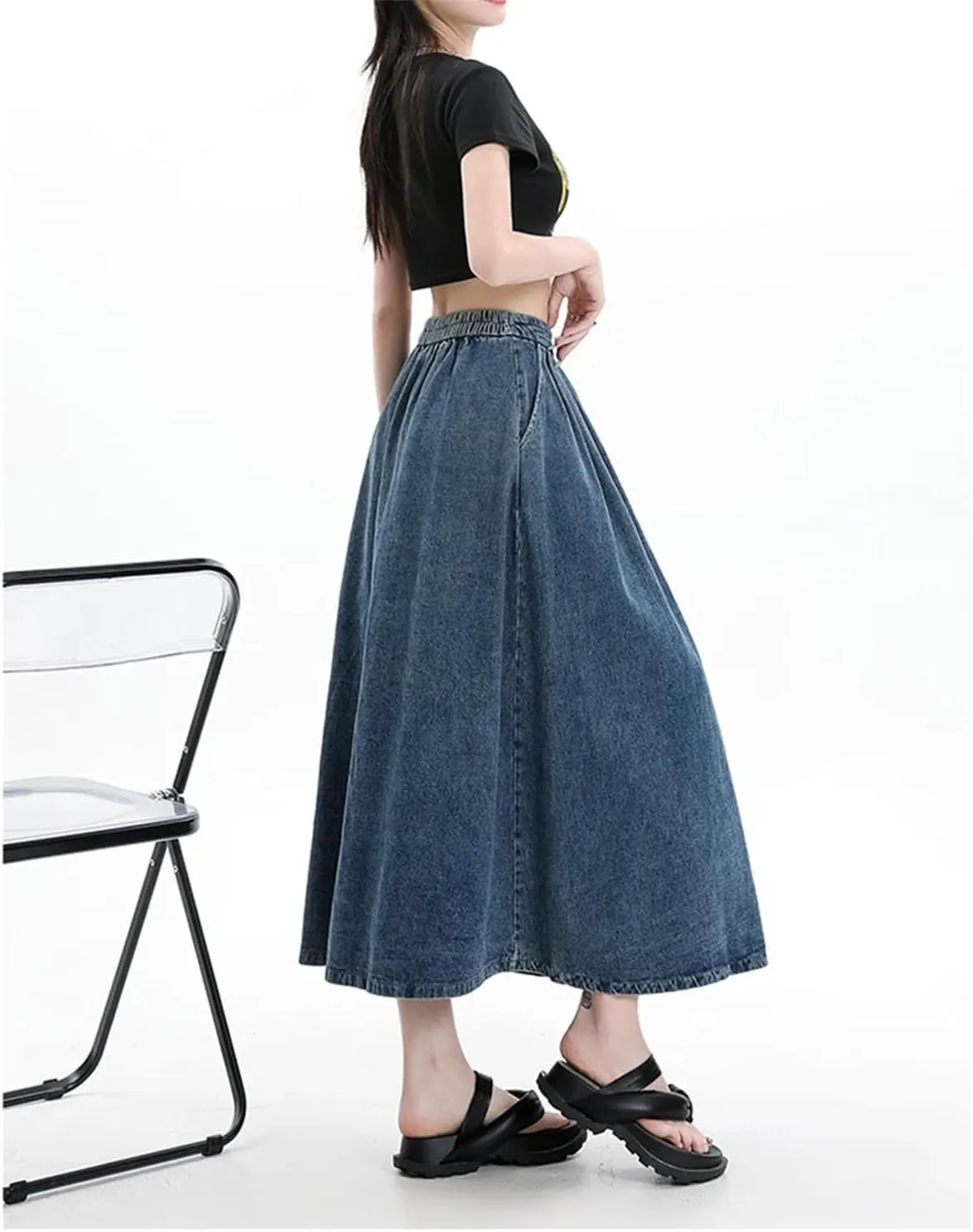 Women's Spring Summer Elastic High Waist Slim A Line Long Jean Skirts Retro Pleated Denim Half Skirt