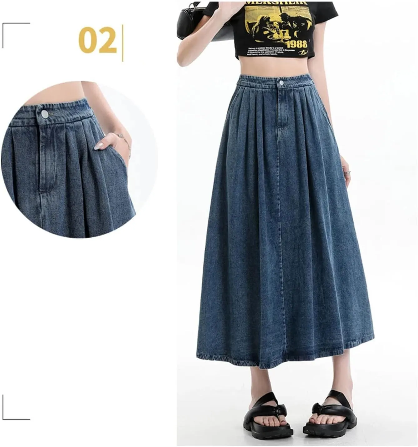 Women's Spring Summer Elastic High Waist Slim A Line Long Jean Skirts Retro Pleated Denim Half Skirt