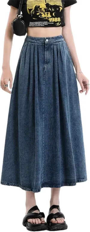 Women's Spring Summer Elastic High Waist Slim A Line Long Jean Skirts Retro Pleated Denim Half Skirt
