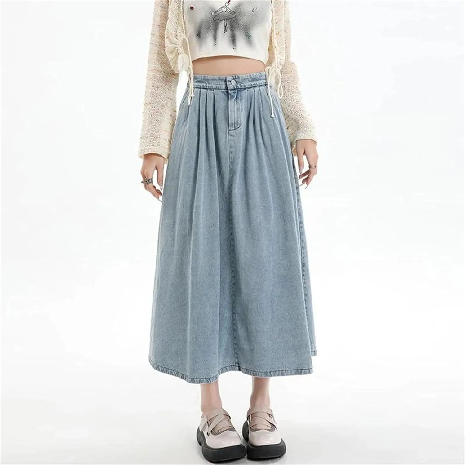 Women's Spring Summer Elastic High Waist Slim A Line Long Jean Skirts Retro Pleated Denim Half Skirt
