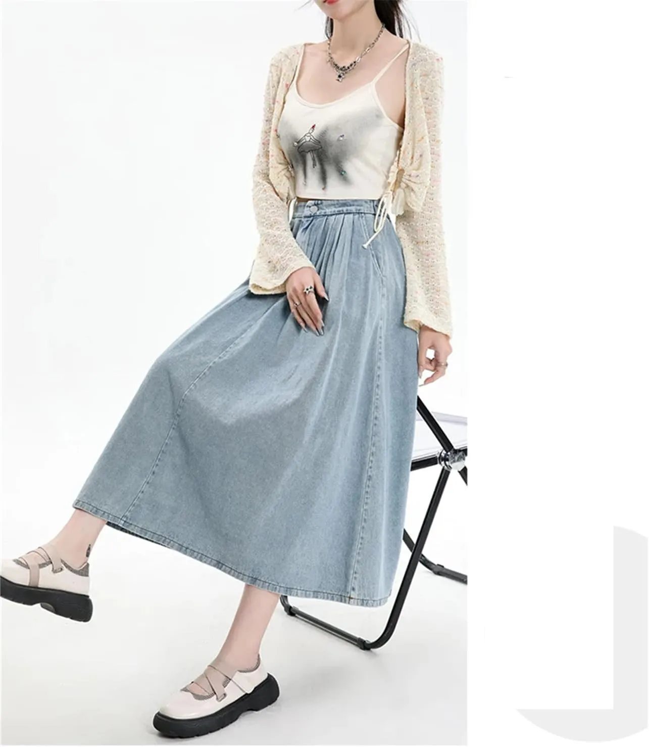 Women's Spring Summer Elastic High Waist Slim A Line Long Jean Skirts Retro Pleated Denim Half Skirt