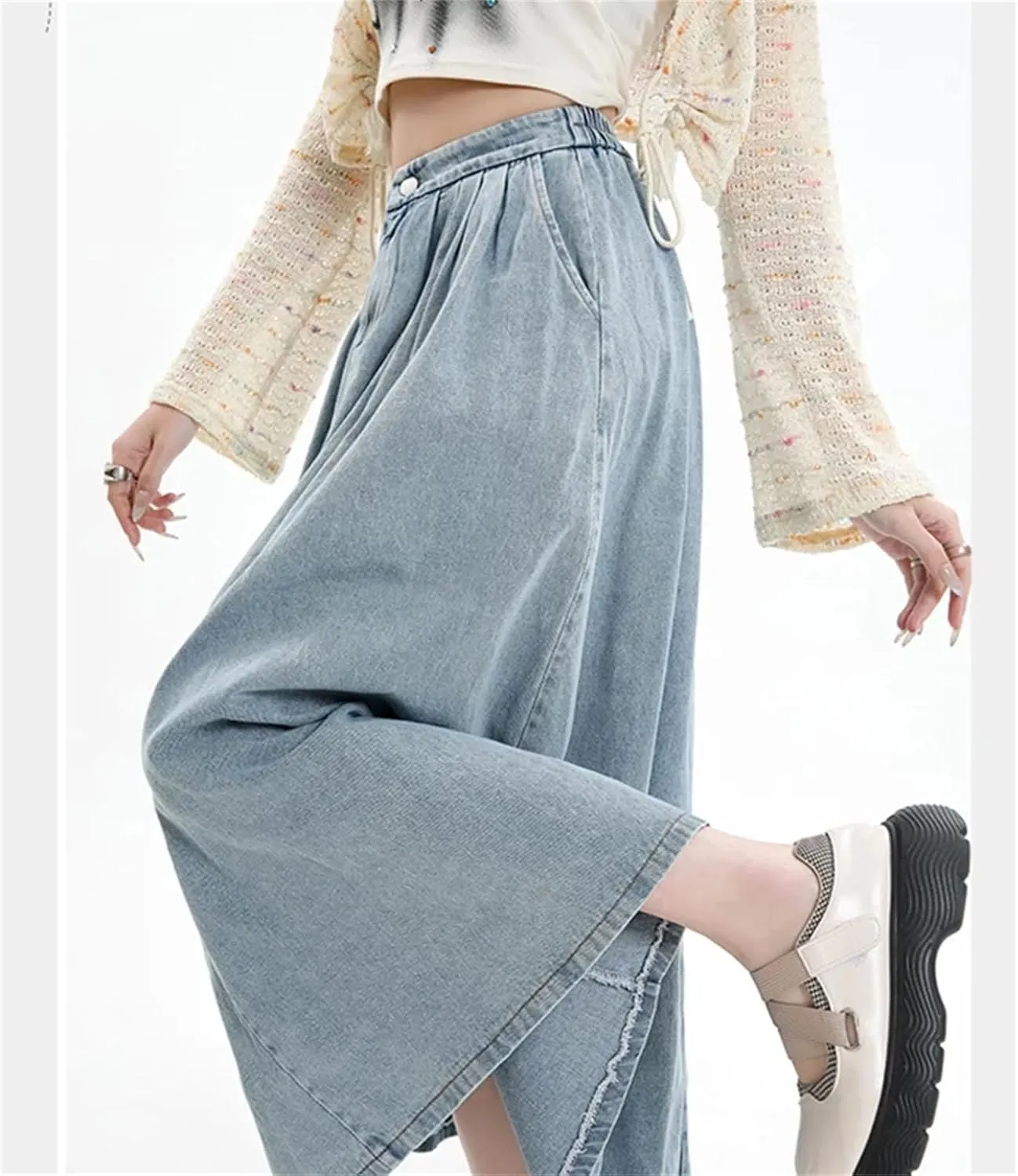 Women's Spring Summer Elastic High Waist Slim A Line Long Jean Skirts Retro Pleated Denim Half Skirt