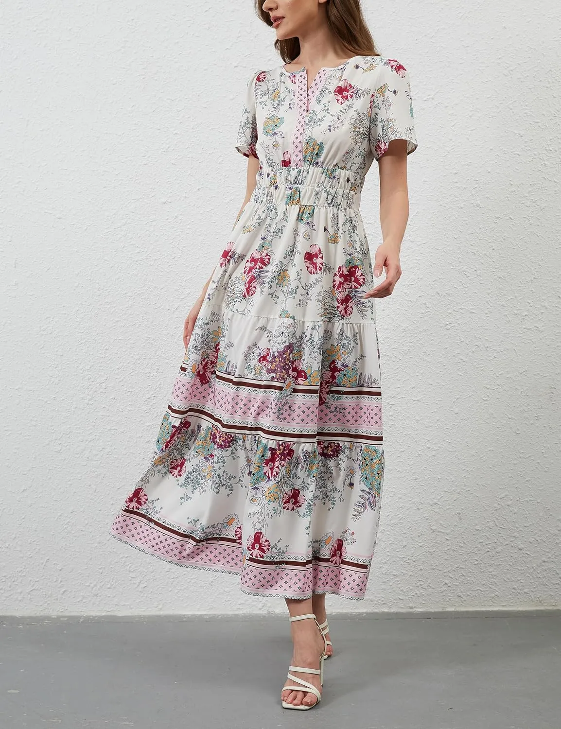 Womens Summer Boho Maxi Dresses Floral V Neck Tiered Short Sleeve Long Dress Flowy Beach Vacation Dress with Pockets