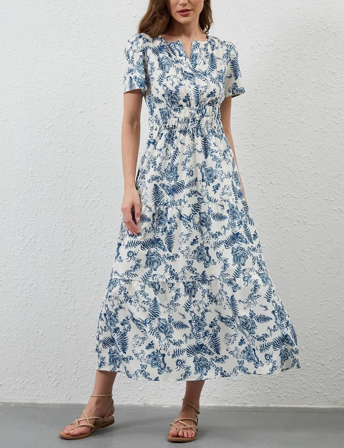 Womens Summer Boho Maxi Dresses Floral V Neck Tiered Short Sleeve Long Dress Flowy Beach Vacation Dress with Pockets