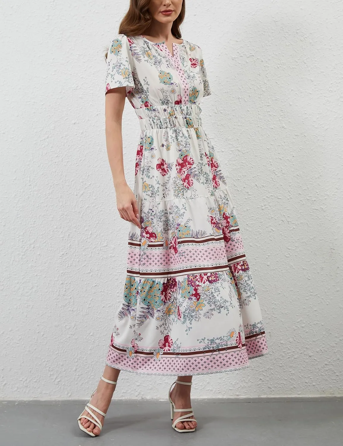 Womens Summer Boho Maxi Dresses Floral V Neck Tiered Short Sleeve Long Dress Flowy Beach Vacation Dress with Pockets