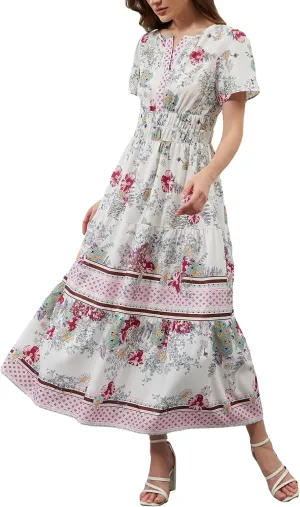 Womens Summer Boho Maxi Dresses Floral V Neck Tiered Short Sleeve Long Dress Flowy Beach Vacation Dress with Pockets