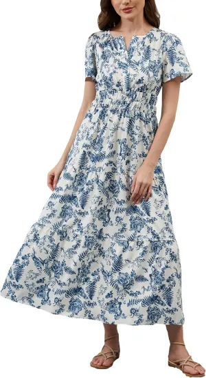 Womens Summer Boho Maxi Dresses Floral V Neck Tiered Short Sleeve Long Dress Flowy Beach Vacation Dress with Pockets