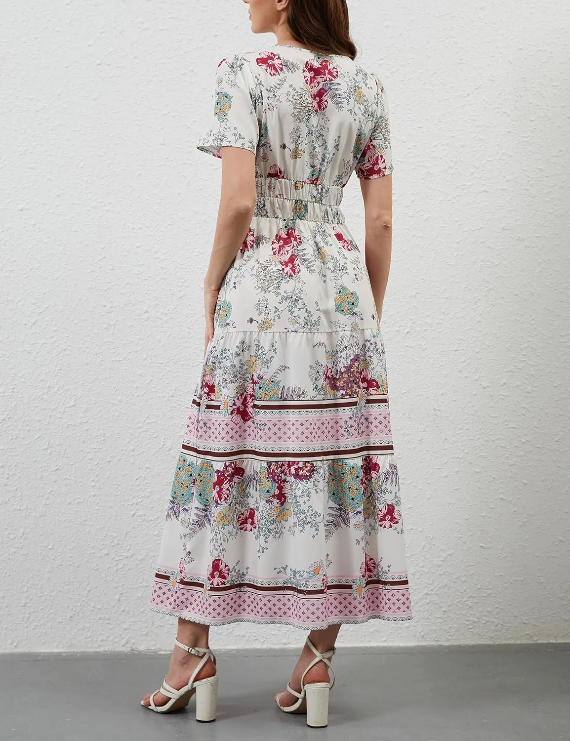 Womens Summer Boho Maxi Dresses Floral V Neck Tiered Short Sleeve Long Dress Flowy Beach Vacation Dress with Pockets