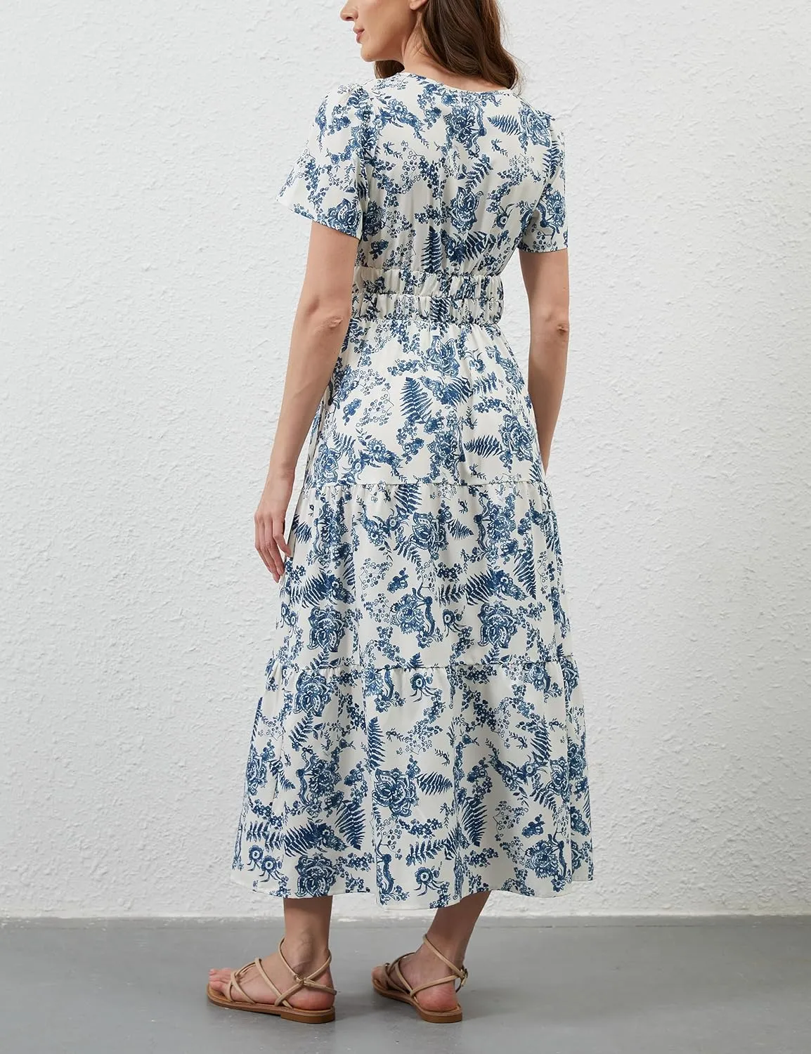 Womens Summer Boho Maxi Dresses Floral V Neck Tiered Short Sleeve Long Dress Flowy Beach Vacation Dress with Pockets