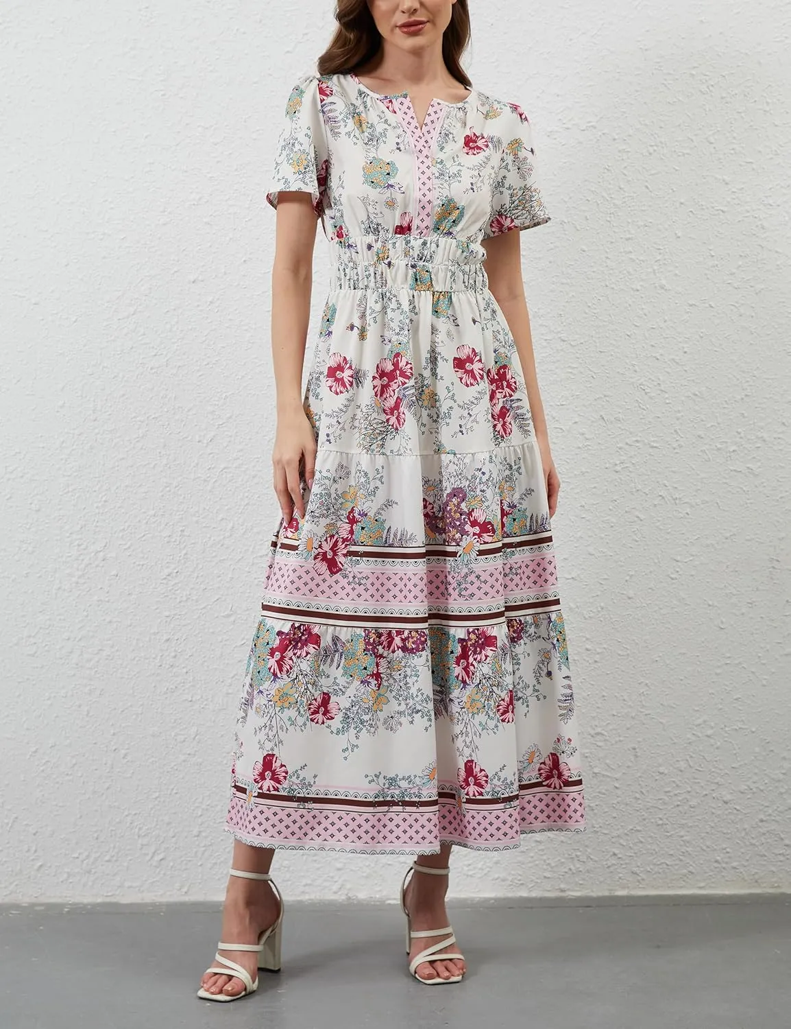 Womens Summer Boho Maxi Dresses Floral V Neck Tiered Short Sleeve Long Dress Flowy Beach Vacation Dress with Pockets