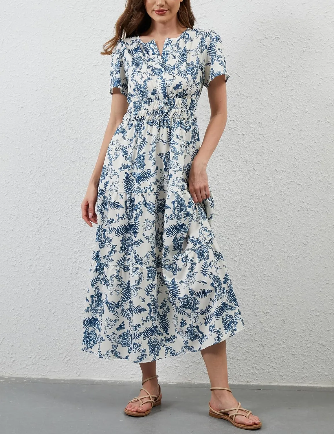 Womens Summer Boho Maxi Dresses Floral V Neck Tiered Short Sleeve Long Dress Flowy Beach Vacation Dress with Pockets
