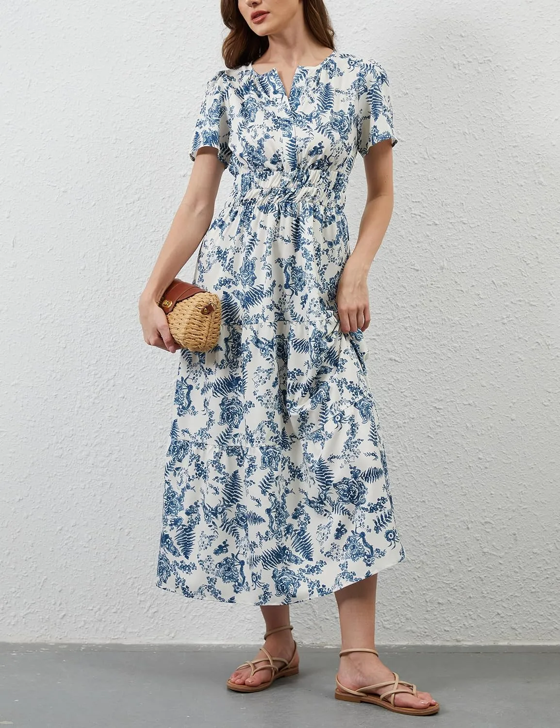 Womens Summer Boho Maxi Dresses Floral V Neck Tiered Short Sleeve Long Dress Flowy Beach Vacation Dress with Pockets