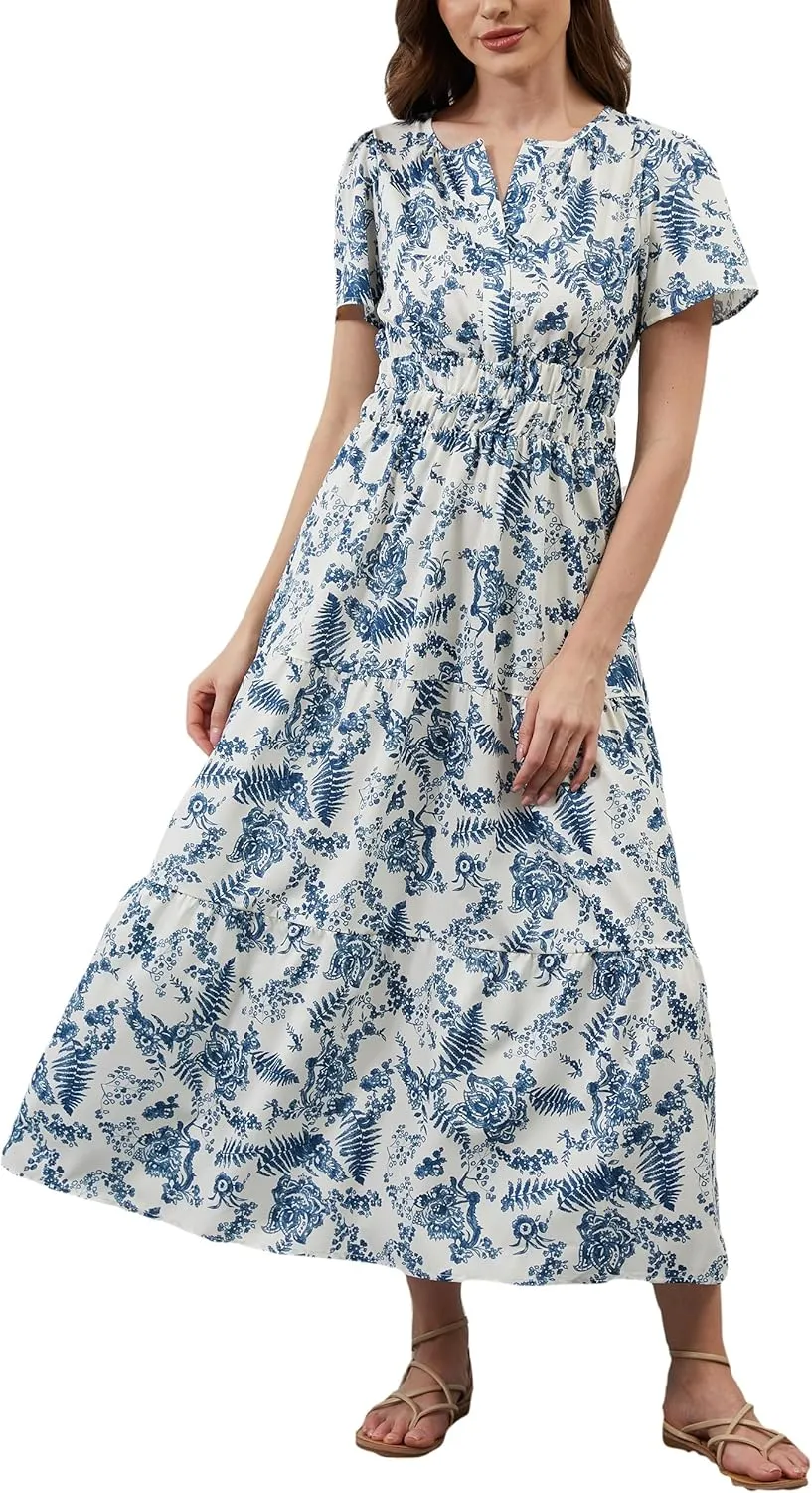Womens Summer Boho Maxi Dresses Floral V Neck Tiered Short Sleeve Long Dress Flowy Beach Vacation Dress with Pockets