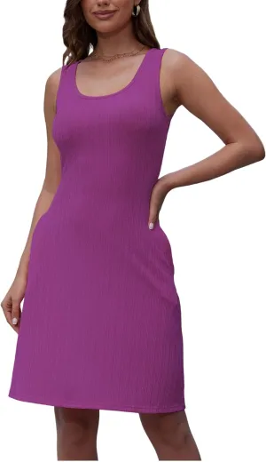 Womens Summer Crewneck Sleeveless Dresses Slim Bodycon Casual Midi Tank Tops Dress