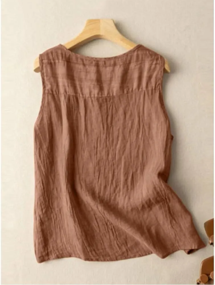 Women's Summer Solid Color Undershirt Round Neck Sleeveless Top Button Decorative Pullover Loose Leisure Shirts