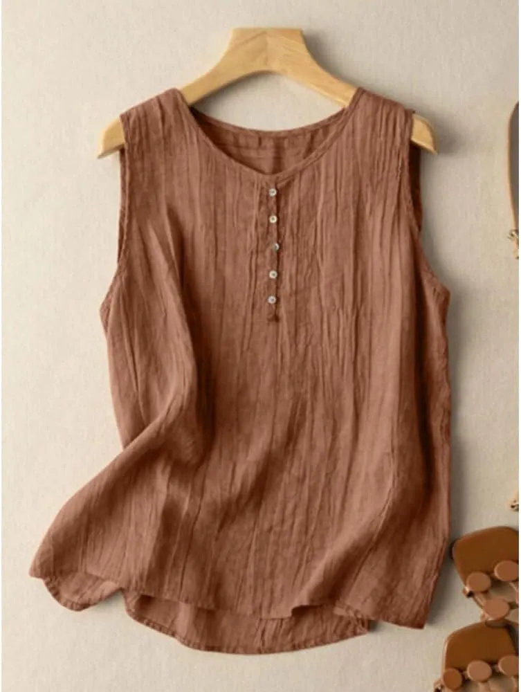 Women's Summer Solid Color Undershirt Round Neck Sleeveless Top Button Decorative Pullover Loose Leisure Shirts