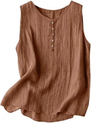 Women's Summer Solid Color Undershirt Round Neck Sleeveless Top Button Decorative Pullover Loose Leisure Shirts
