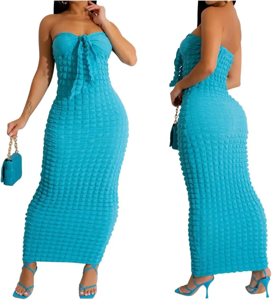 Women's Tie Knot Front Off Shoulder Bodycon Midi Dress Backless Sheath V Neck Bodycon Summer Night Party Dresses