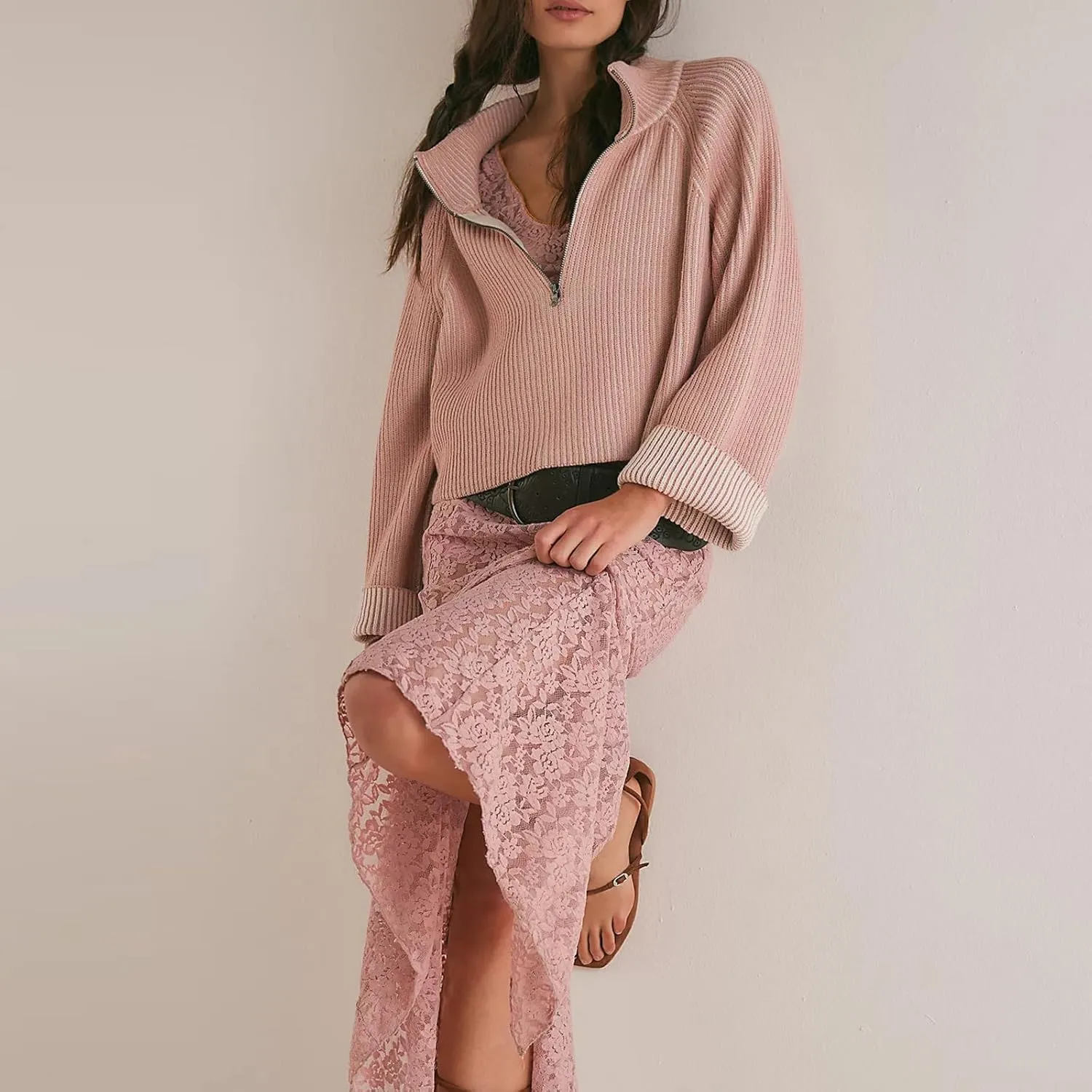 Womens Turtleneck Cropped Sweater Half Zipper Pullover Knit Oversized Sweater Fall Y2k Outfits