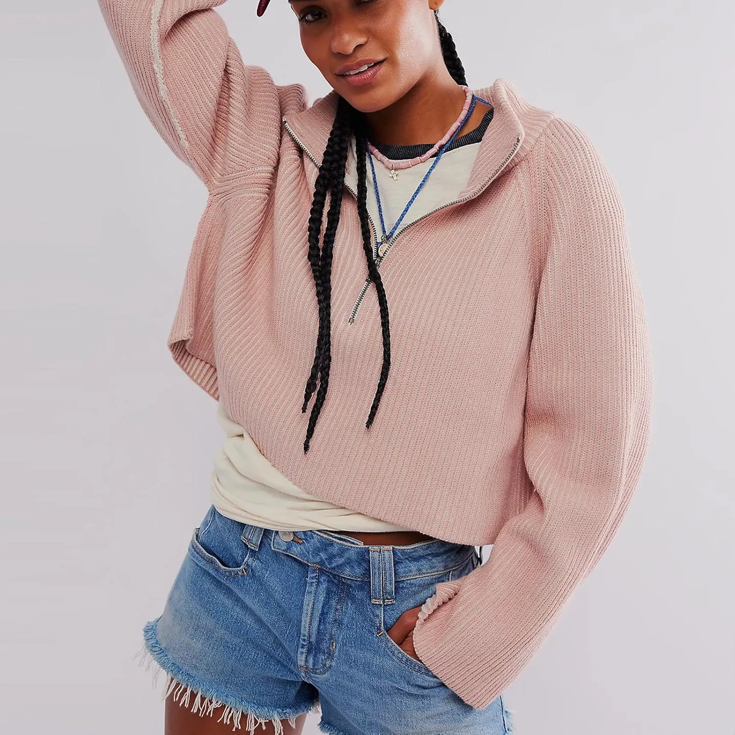 Womens Turtleneck Cropped Sweater Half Zipper Pullover Knit Oversized Sweater Fall Y2k Outfits
