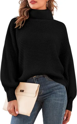 Women's Turtleneck Long Lantern Sleeve Sweater Waffle Knit Oversized Pullover Jumper Top