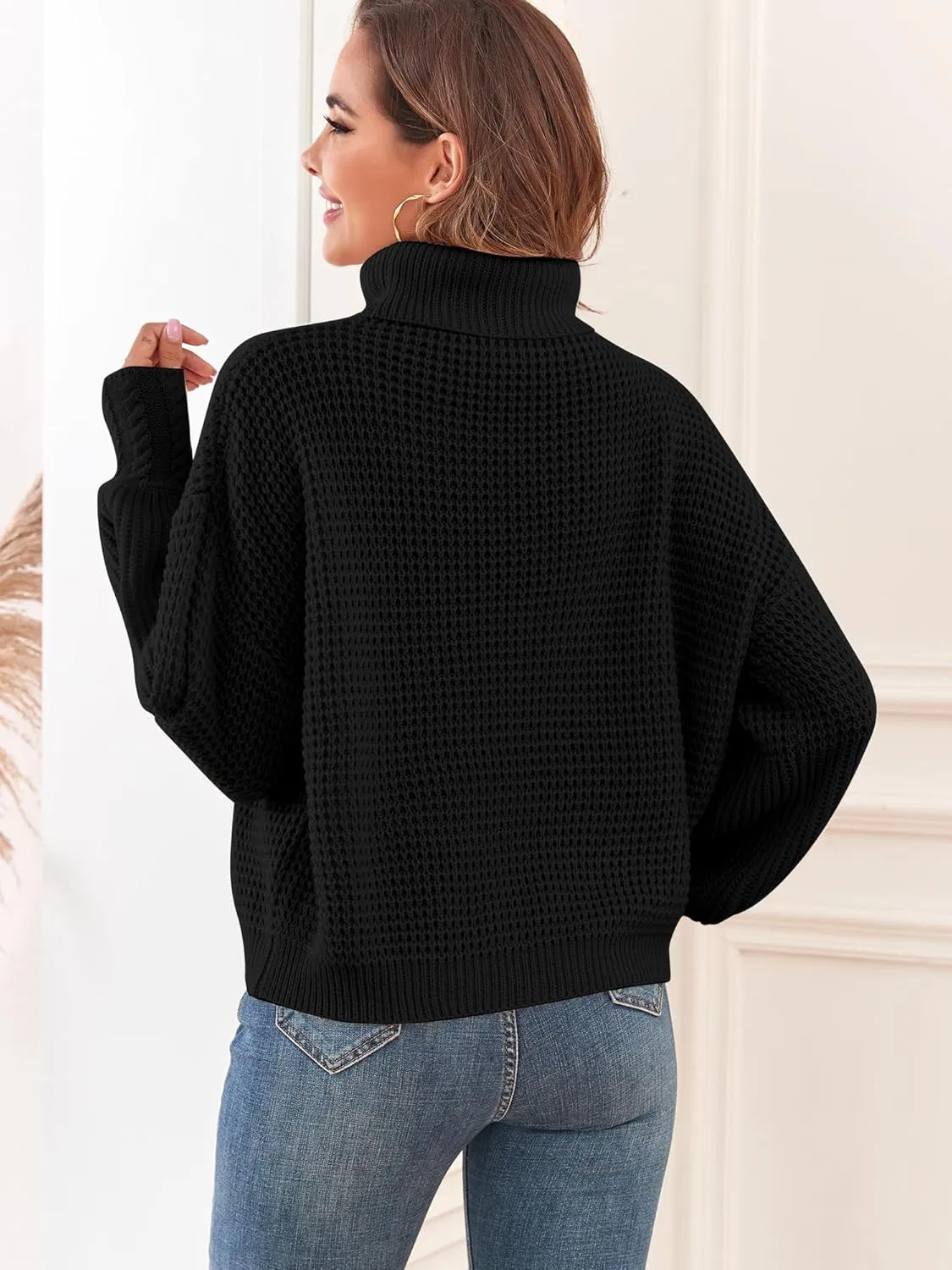 Women's Turtleneck Long Lantern Sleeve Sweater Waffle Knit Oversized Pullover Jumper Top