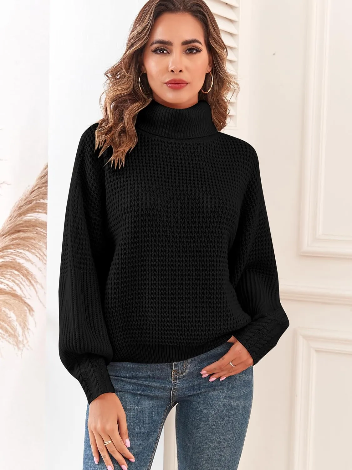 Women's Turtleneck Long Lantern Sleeve Sweater Waffle Knit Oversized Pullover Jumper Top
