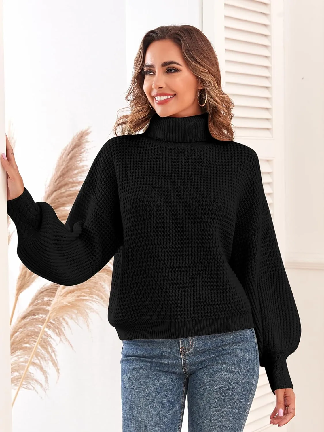 Women's Turtleneck Long Lantern Sleeve Sweater Waffle Knit Oversized Pullover Jumper Top
