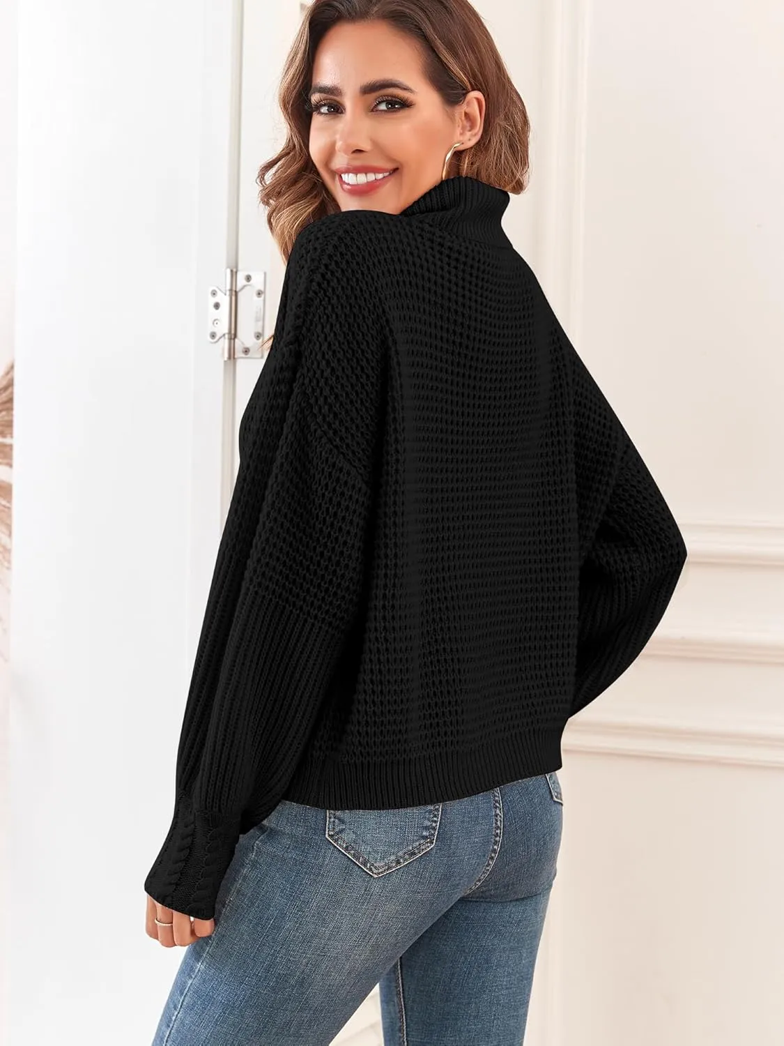 Women's Turtleneck Long Lantern Sleeve Sweater Waffle Knit Oversized Pullover Jumper Top