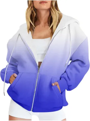 Womens Zip Up Hoodies Sherpa Lined Fleece Thermal Jacket Full Zip Long Sleeve Sweatshirts Gradient Color Shirts Coat