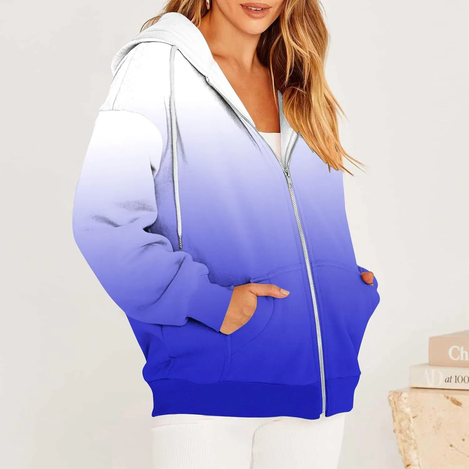 Womens Zip Up Hoodies Sherpa Lined Fleece Thermal Jacket Full Zip Long Sleeve Sweatshirts Gradient Color Shirts Coat