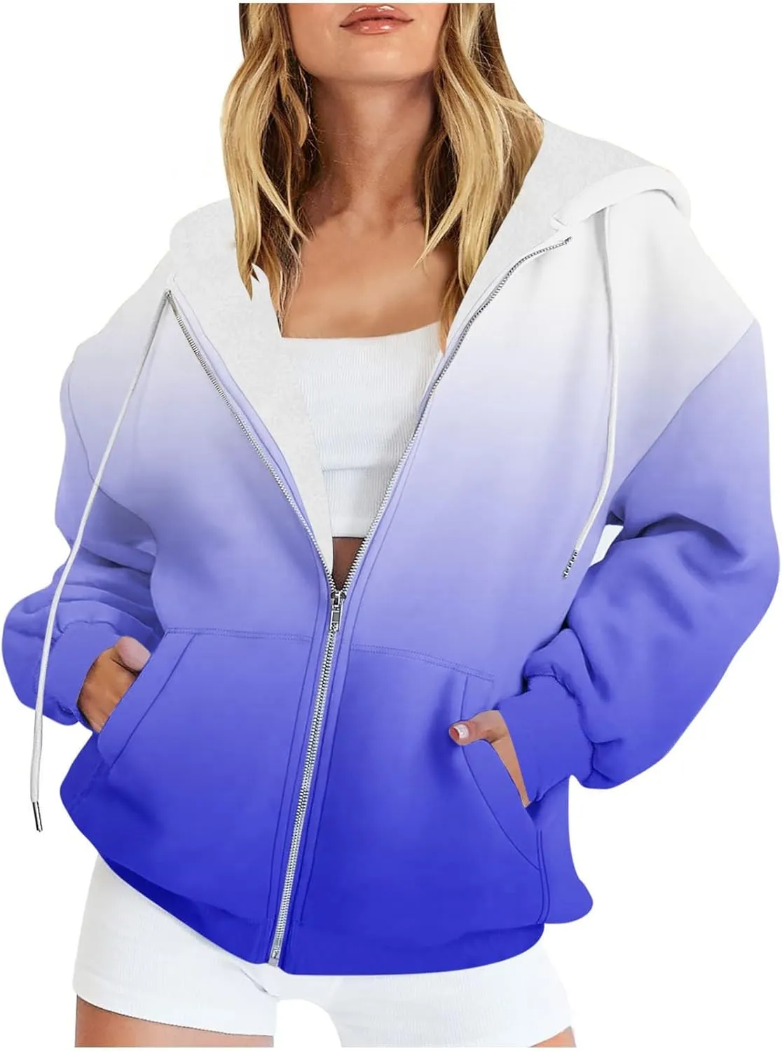 Womens Zip Up Hoodies Sherpa Lined Fleece Thermal Jacket Full Zip Long Sleeve Sweatshirts Gradient Color Shirts Coat