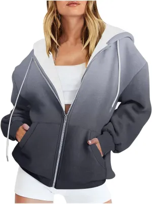 Womens Zip Up Hoodies Sherpa Lined Fleece Thermal Jacket Full Zip Long Sleeve Sweatshirts Gradient Color Shirts Coat