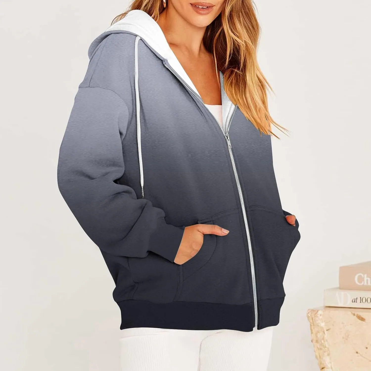 Womens Zip Up Hoodies Sherpa Lined Fleece Thermal Jacket Full Zip Long Sleeve Sweatshirts Gradient Color Shirts Coat