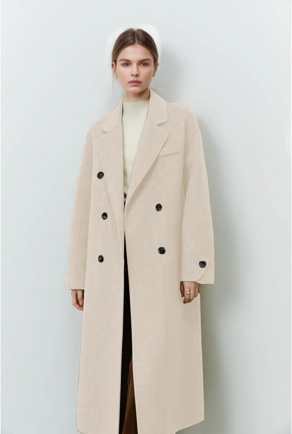 Wool Coats for Women Winter Lapel Double Breasted Wool Blend Long Pea Trench Coat Pocketed Outwear with Belt