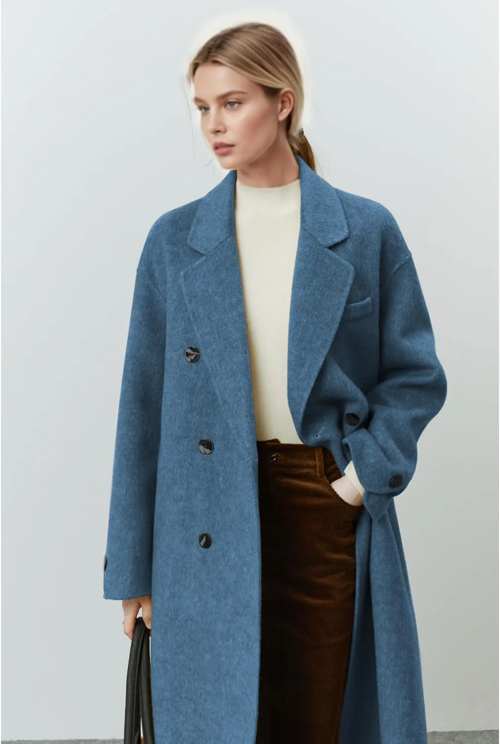 Wool Coats for Women Winter Lapel Double Breasted Wool Blend Long Pea Trench Coat Pocketed Outwear with Belt