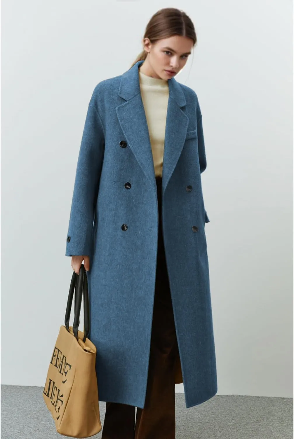 Wool Coats for Women Winter Lapel Double Breasted Wool Blend Long Pea Trench Coat Pocketed Outwear with Belt