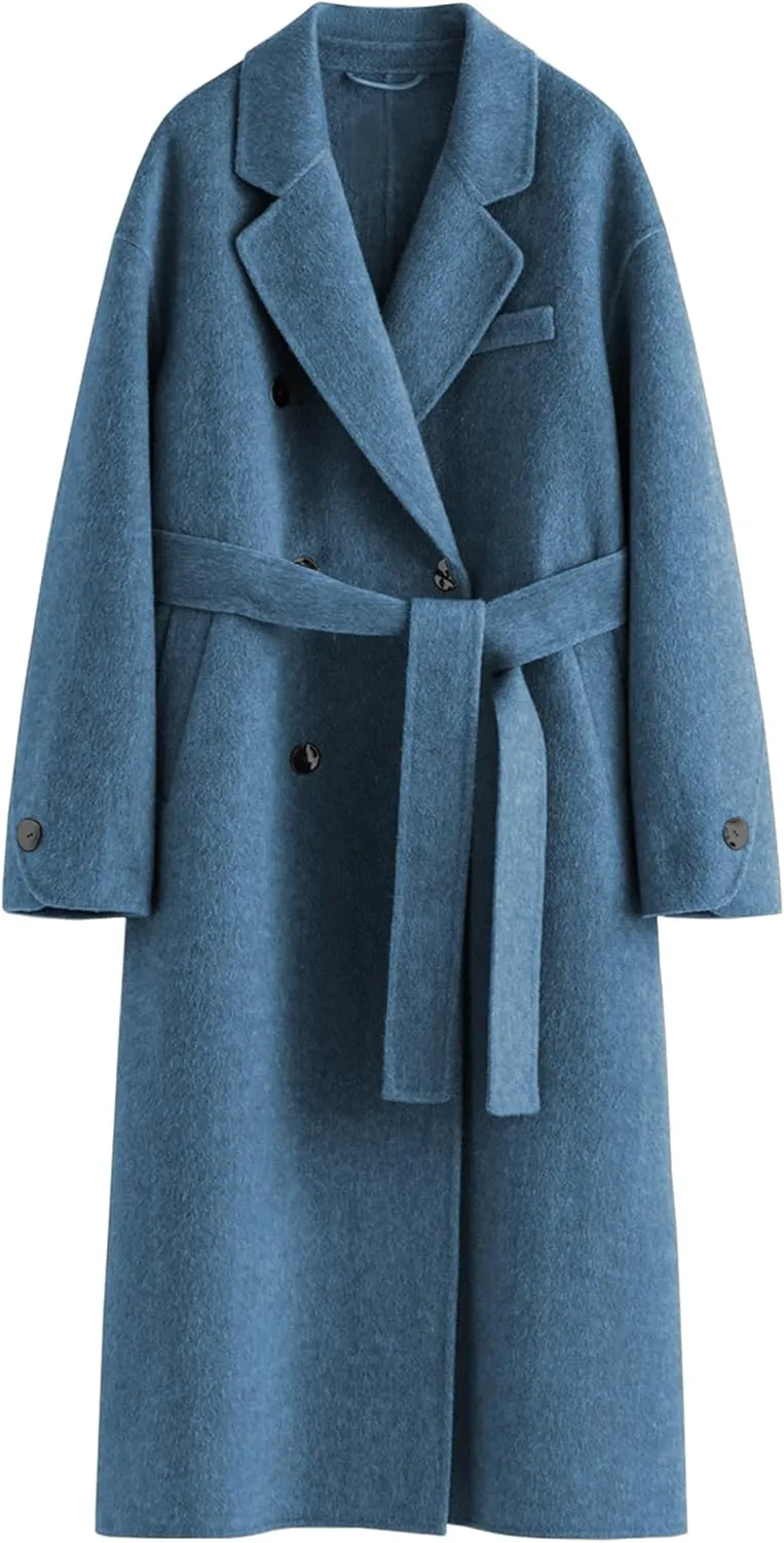 Wool Coats for Women Winter Lapel Double Breasted Wool Blend Long Pea Trench Coat Pocketed Outwear with Belt