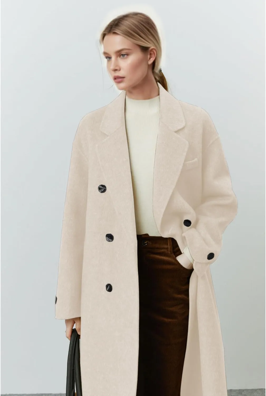 Wool Coats for Women Winter Lapel Double Breasted Wool Blend Long Pea Trench Coat Pocketed Outwear with Belt